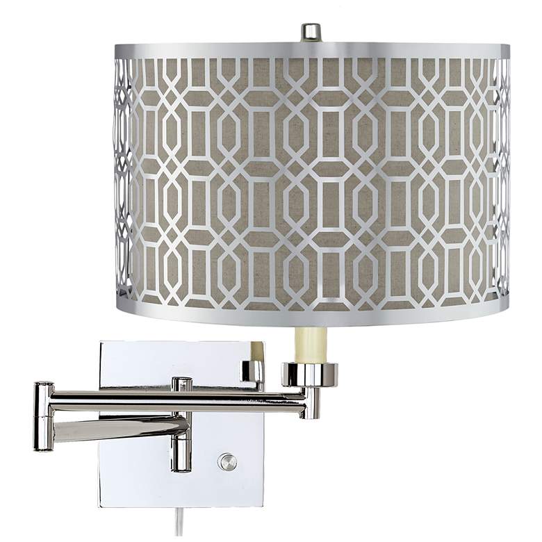 Image 1 Chrome Plug-In Swing Arm Wall Lamp with Gray Linen Metal Shade