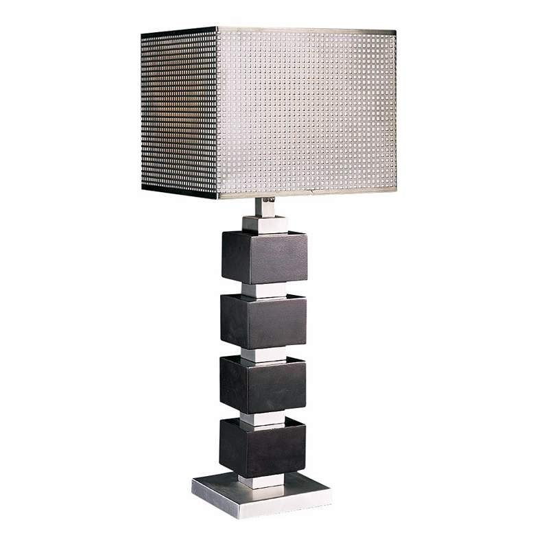 Image 1 Chrome Screen Cappuccino Wood Cube Table Lamp