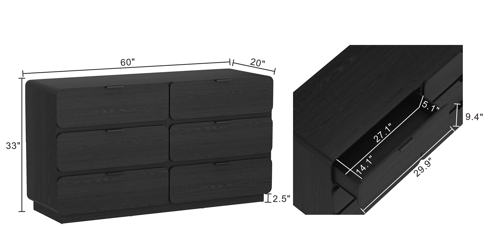 Image 4 Chrystie Contemporary Modern 60" Dresser in Black (6-Drawer) more views