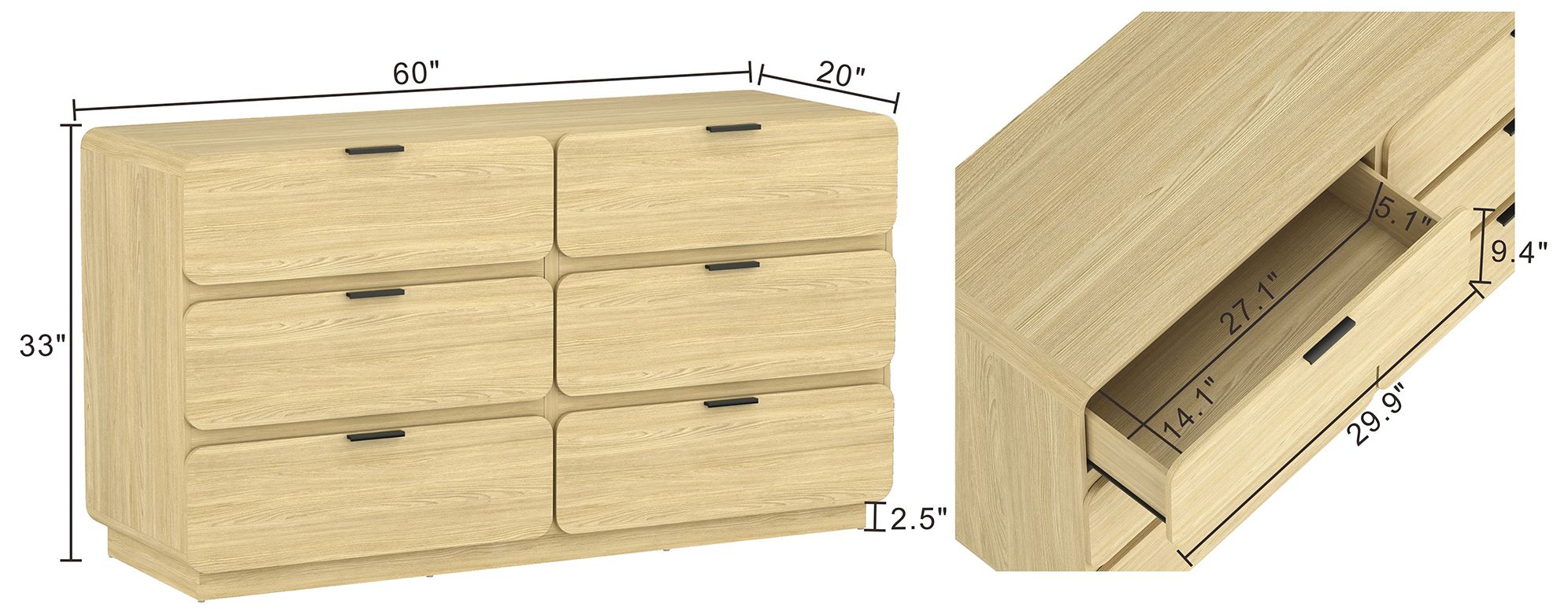 Image 4 Chrystie Contemporary Modern 60" Dresser in Natural (6-Drawer) more views