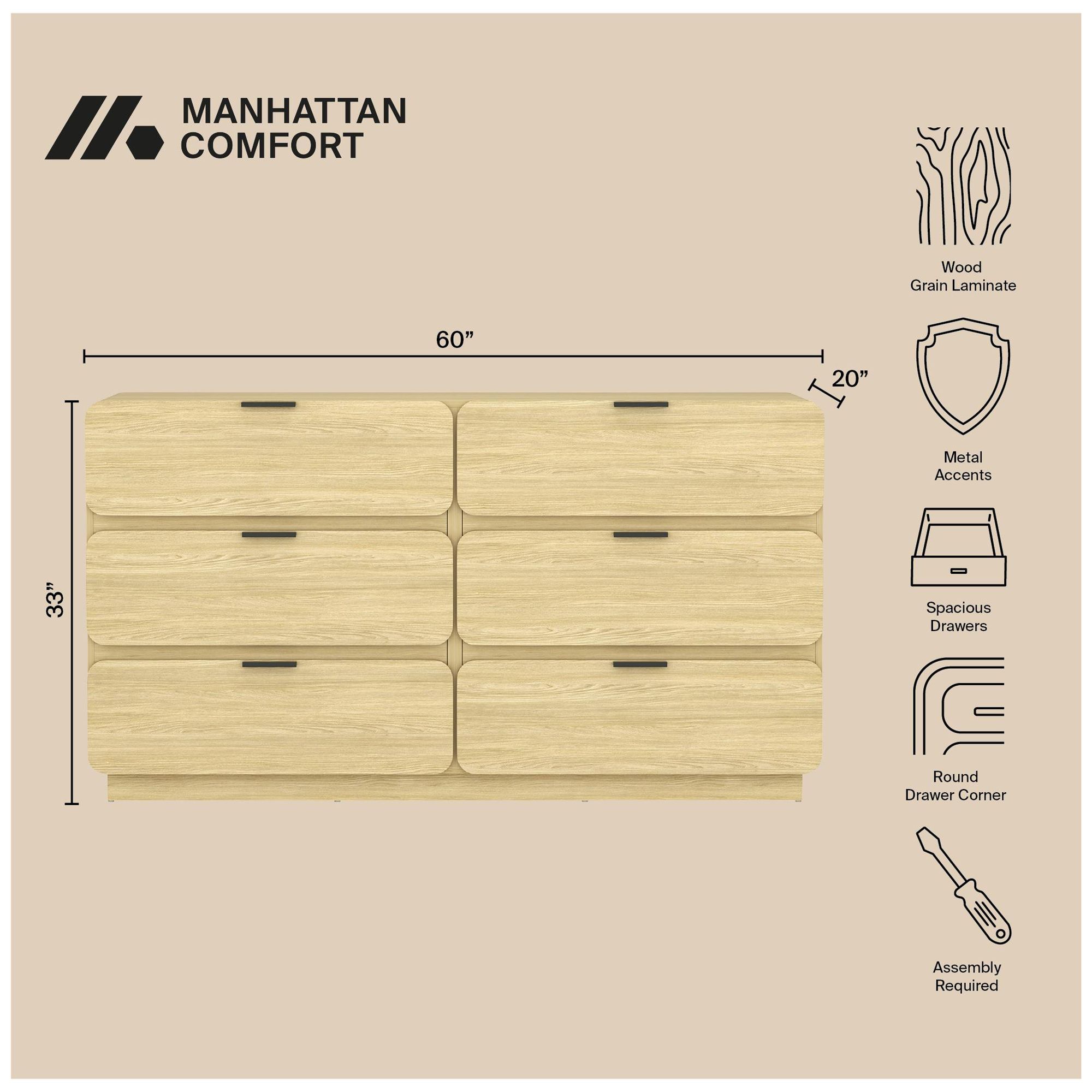 Image 5 Chrystie Contemporary Modern 60" Dresser in Natural (6-Drawer) more views