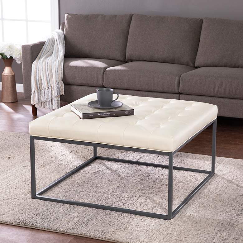 Image 1 Ciarin Tufted Cream Bonded Leather Cocktail Ottoman