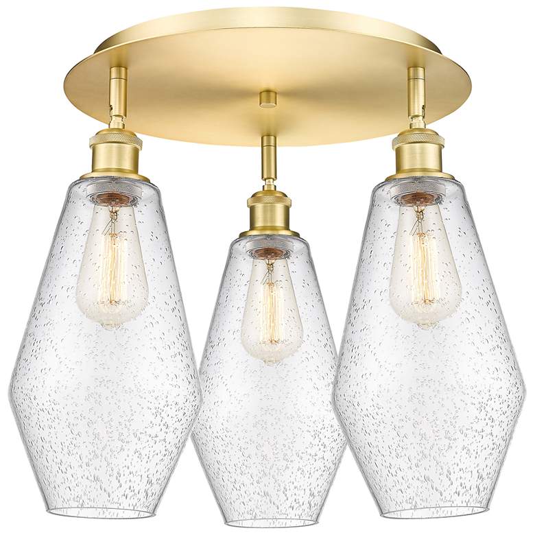 Image 1 Cindyrella 18.75"W 3 Light Satin Gold Flush Mount With Seedy Glass Sha