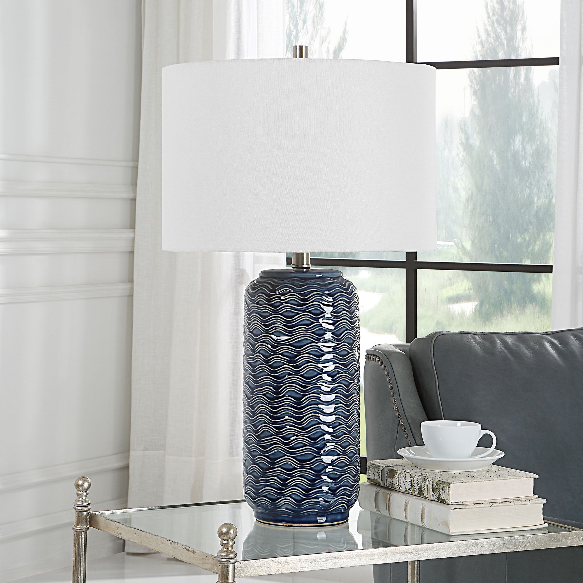 Image 3 Cinnabar Road Ami Blue Wavy Ceramic Table Lamp more views