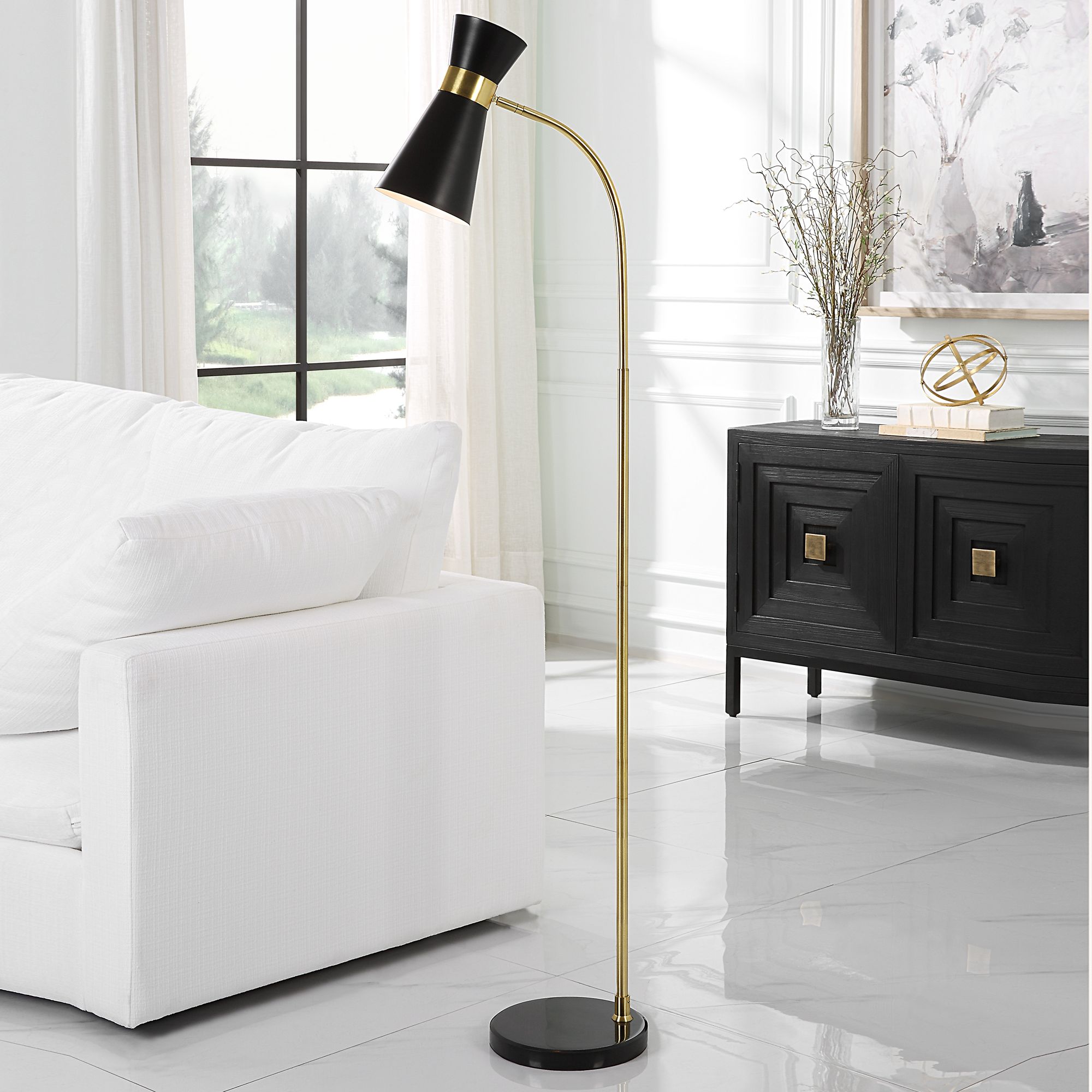Image Cinnabar Road Astraea Gold and Black Arc Floor Lamp
