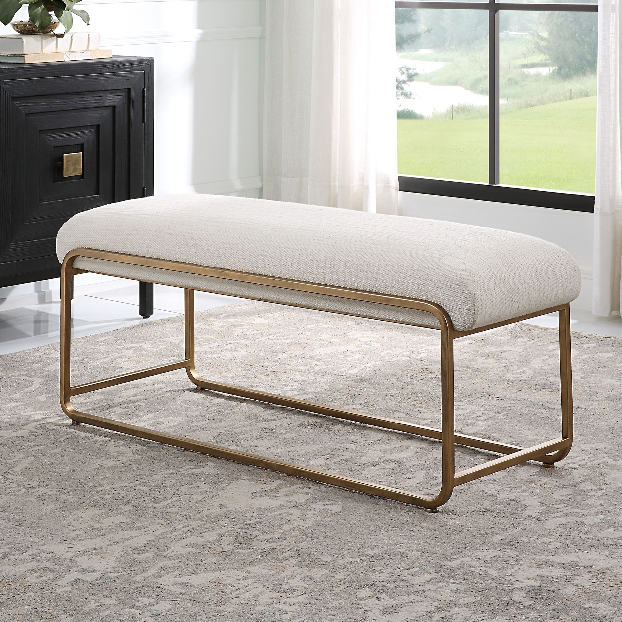 Image Cinnabar Road Devyn 47"W Brushed Brass and White Fabric Bench