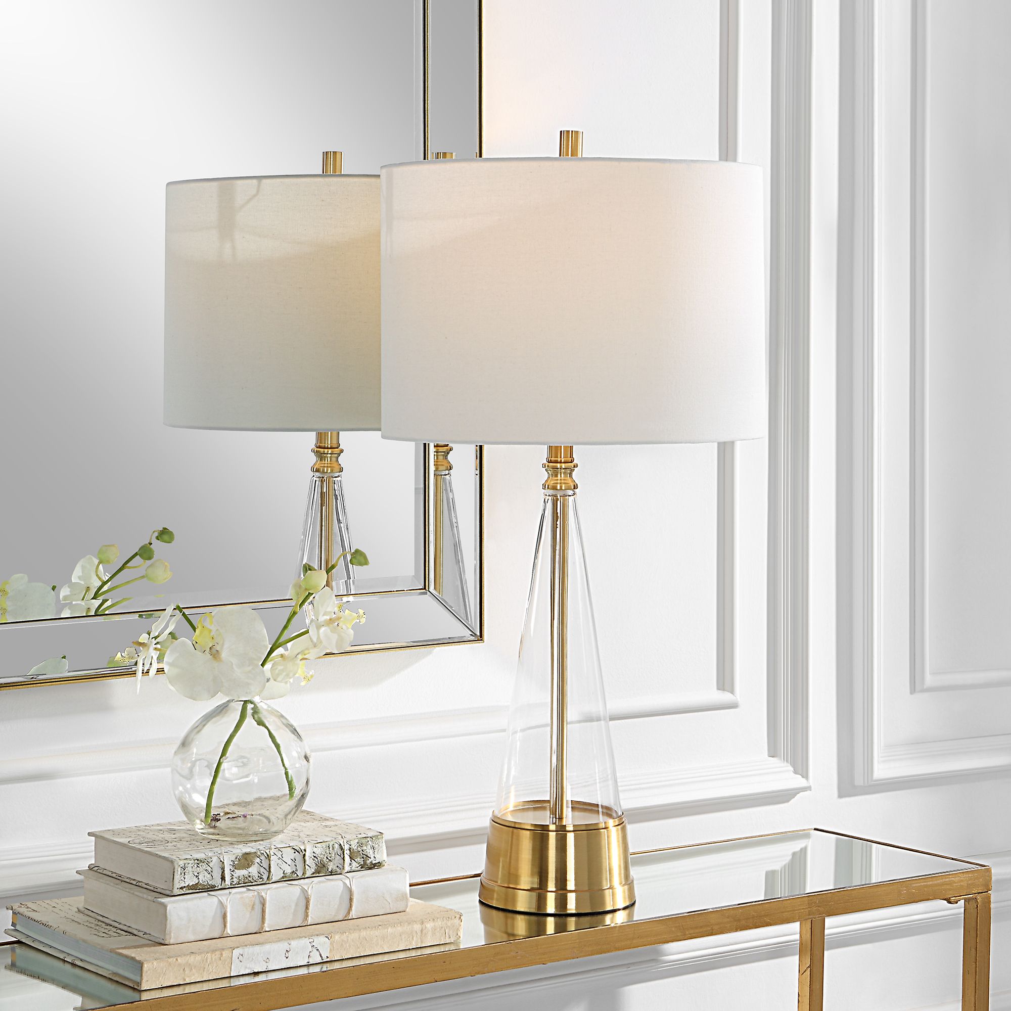 Image Cinnabar Road Hewitt Brass and Clear Glass Table Lamp