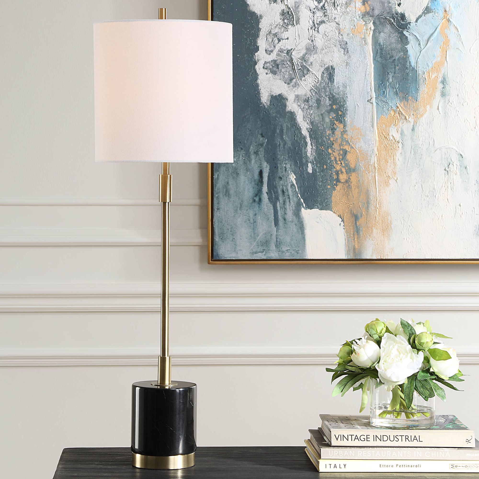 Image Cinnabar Road Mesa Black Marble and Brass Buffet Table Lamp