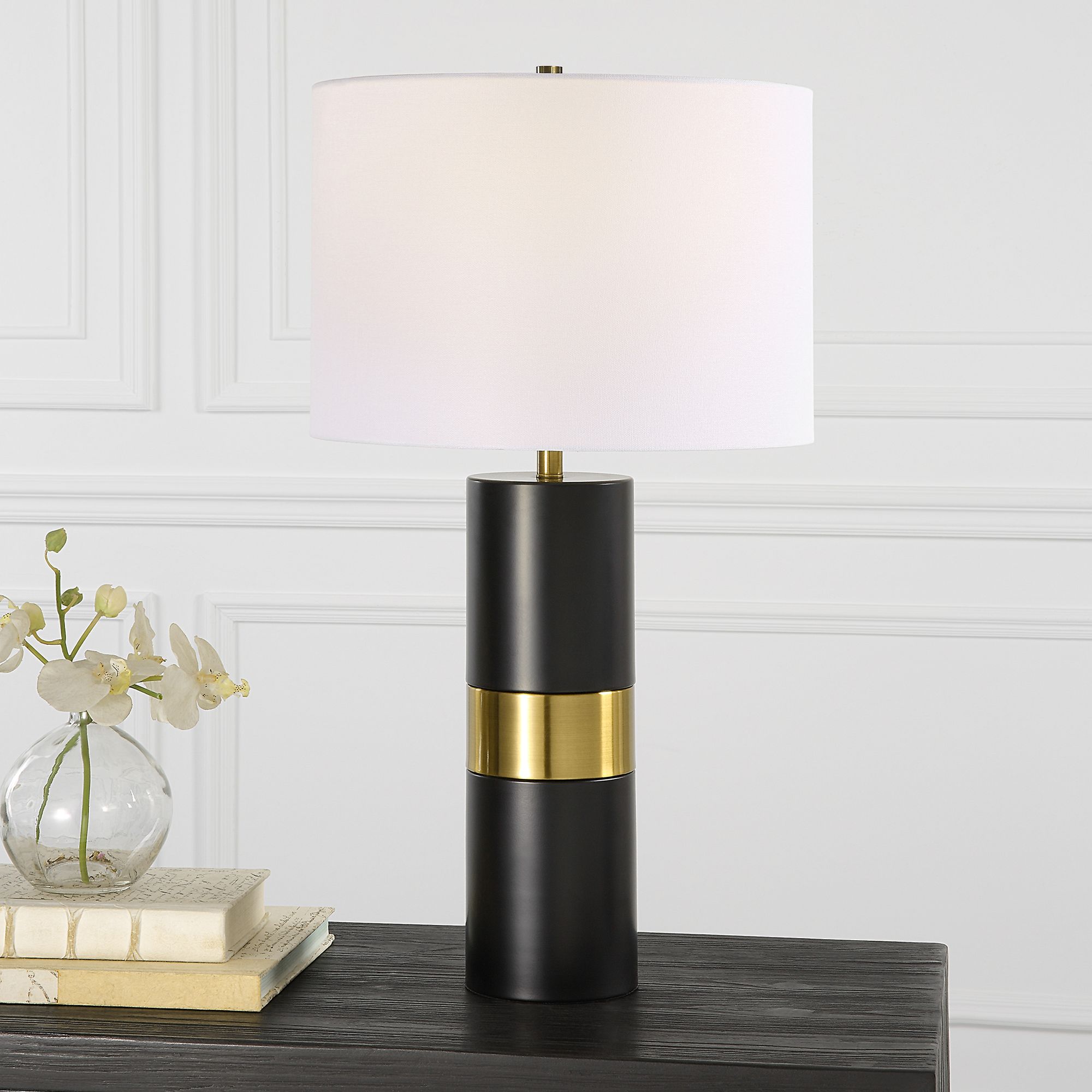 Image Cinnabar Road Primera Black and Gold Cylinder Table Lamp