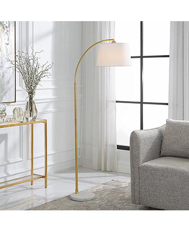 Cinnabar Road Seminole Gold and White Marble Arc Floor Lamp