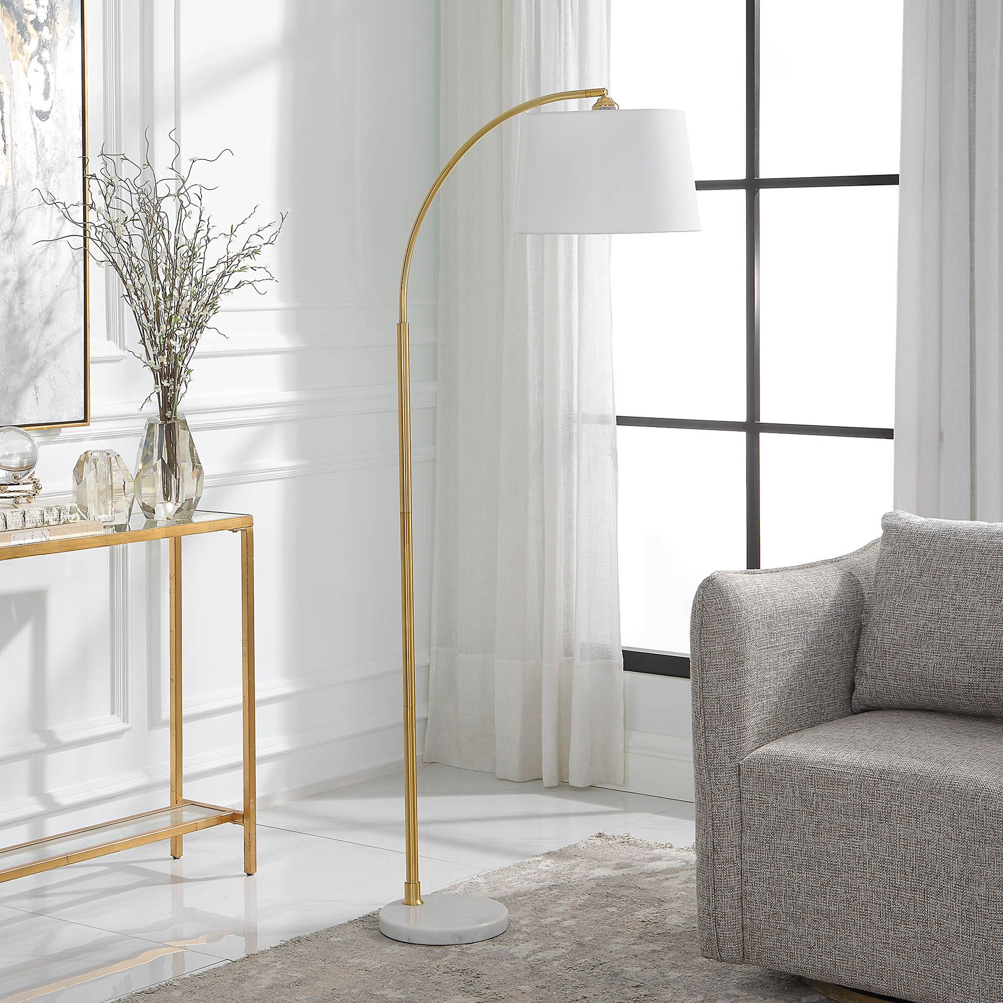 Image 3 Cinnabar Road Seminole Gold and White Marble Arc Floor Lamp more views