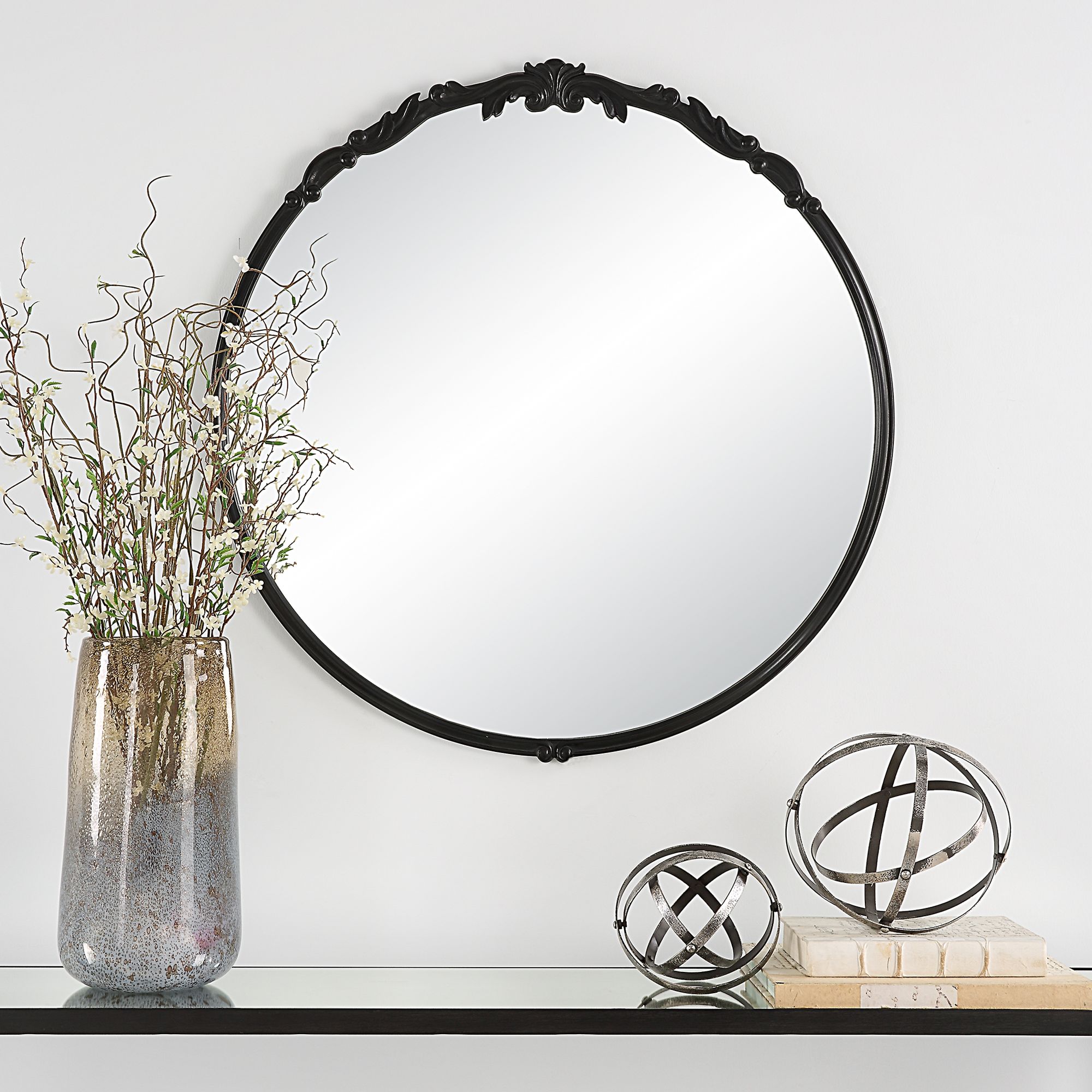 Image Cinnabar Road Sinclair Satin Black 30" x 31" Round Wall Mirror