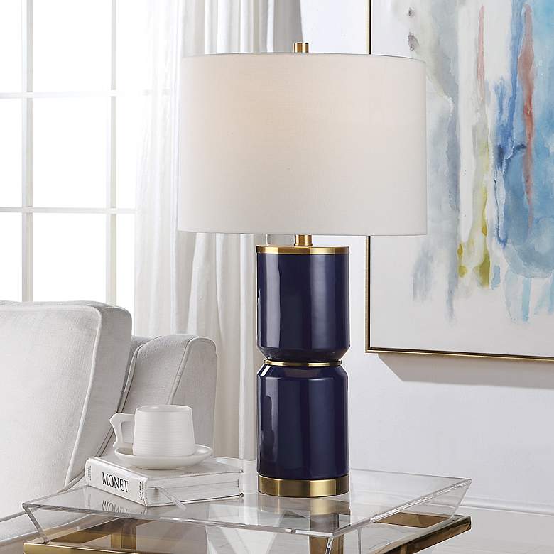 Image 1 Cinnabar Road Vidar Blue Ceramic and Gold Metal Table Lamp