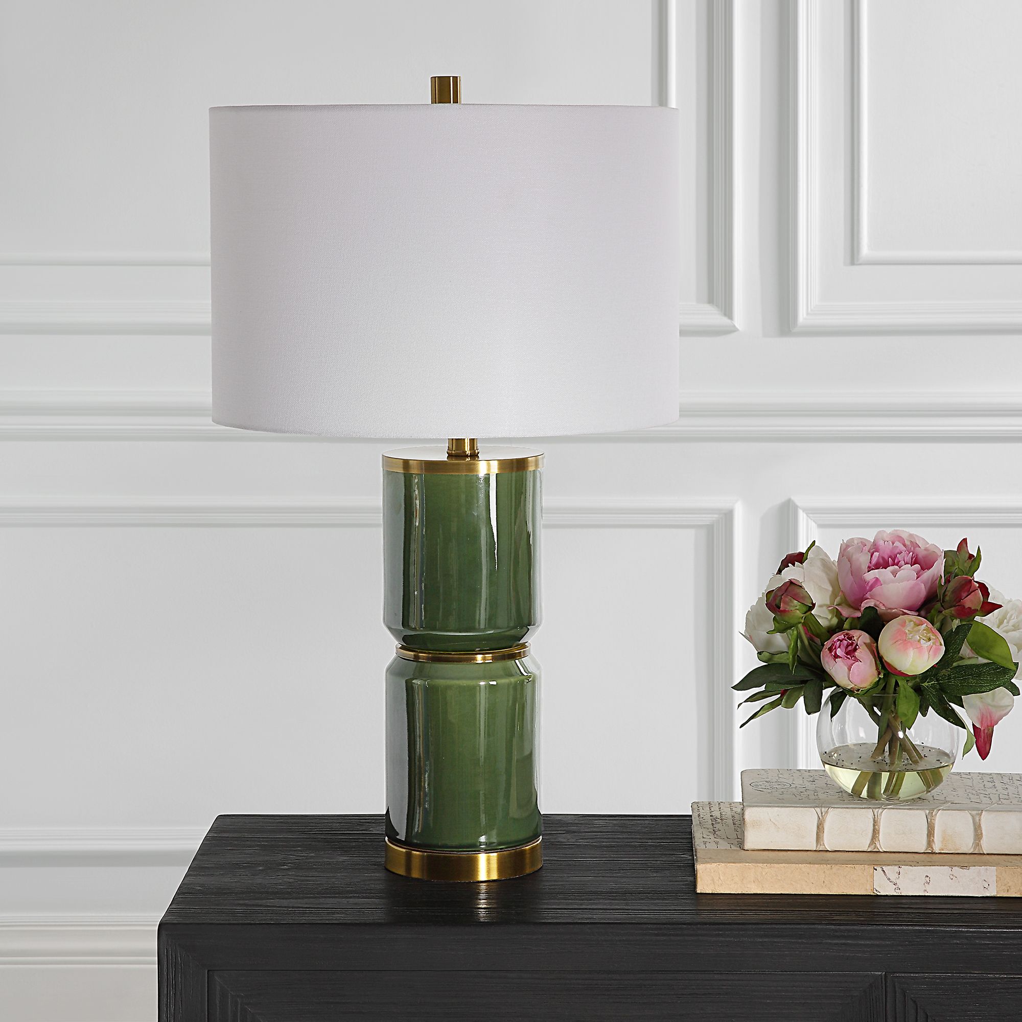 Image 3 Cinnabar Road Vidar Green Ceramic and Gold Metal Table Lamp more views