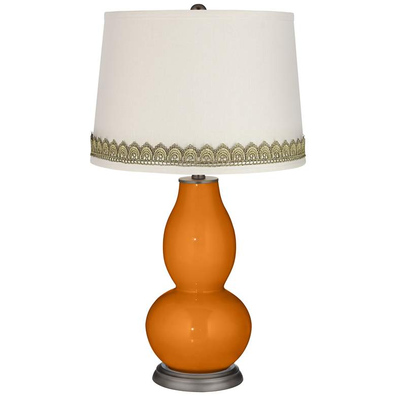Image 1 Cinnamon Spice Double Gourd Table Lamp with Scallop Lace Trim