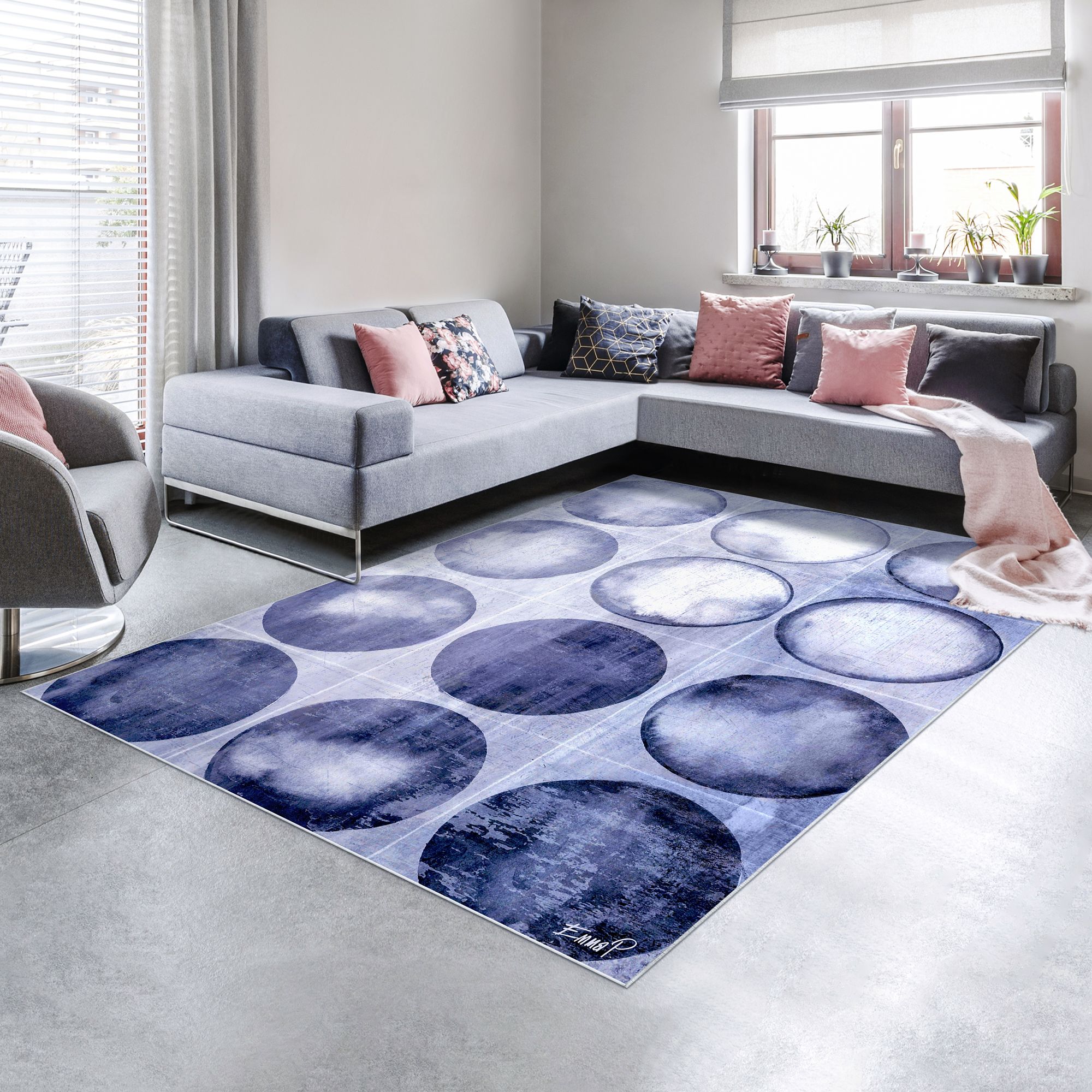 Image 2 Circles of Blue I Washable Geometric Art Area Rug size 8'x10' more views