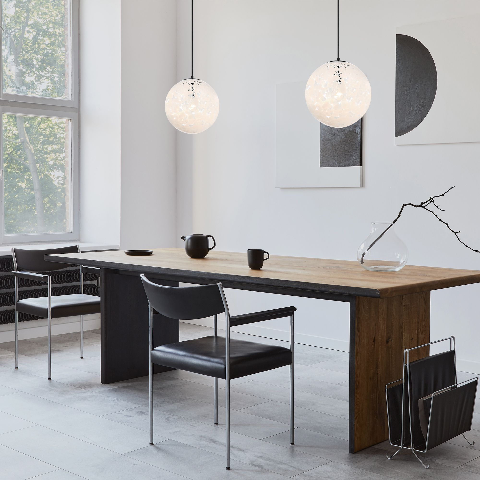 Circo Modern Matte Black 12 in. Globe Pendant with White Art Glass Shade