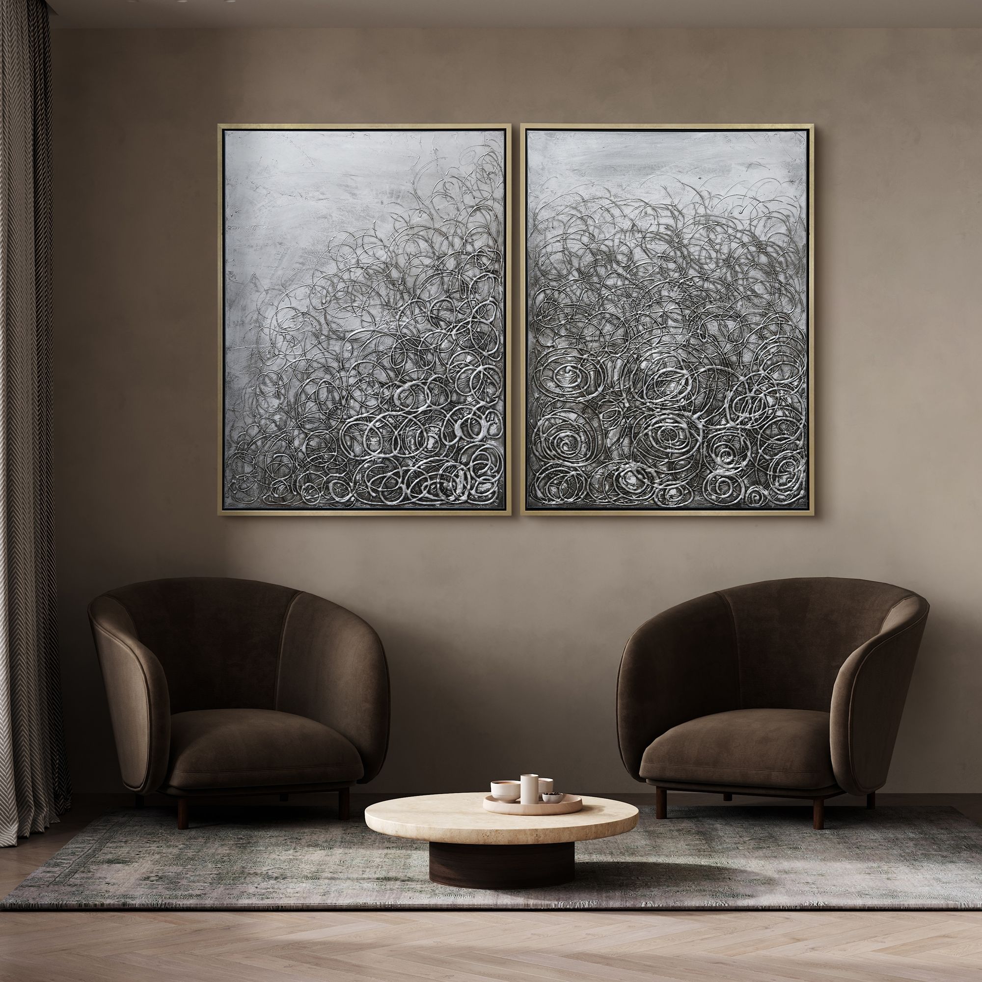 Circular Logic 48" High 2-Piece Framed Canvas Wall Art Set in scene