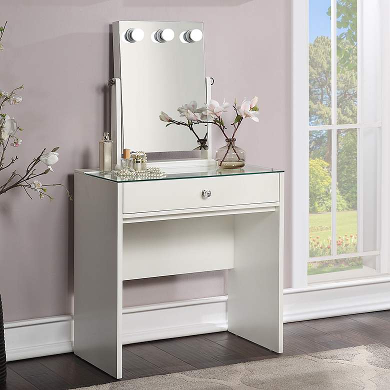 Image 1 Clara 30" Wide White Wood 1-Drawer Vanity Table and Mirror