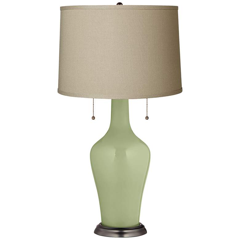 Image 1 Clara Table Lamp in Majolica Green with Fog Linen Shade
