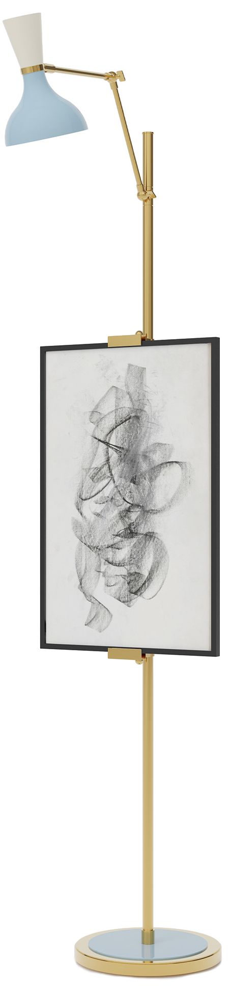 Clare 76" High Modern Brass Finish Floor Easel with Baby Blue/Lily Shade