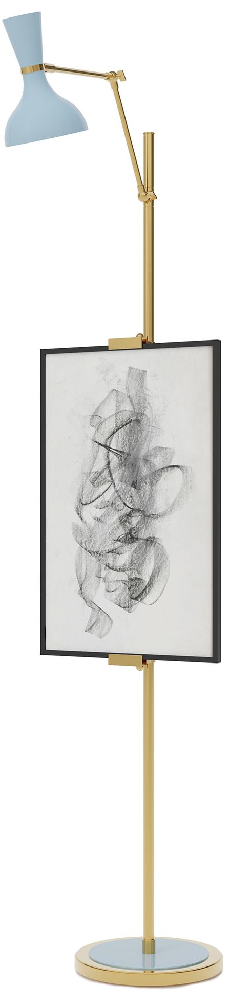 Clare 76" High Modern Brass Finish Floor Easel with Baby Blue Shade