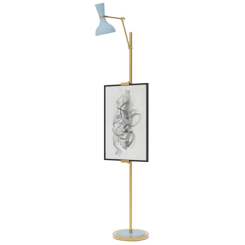 Image 1 Clare 76" High Modern Brass Finish Floor Easel with Baby Blue Shade