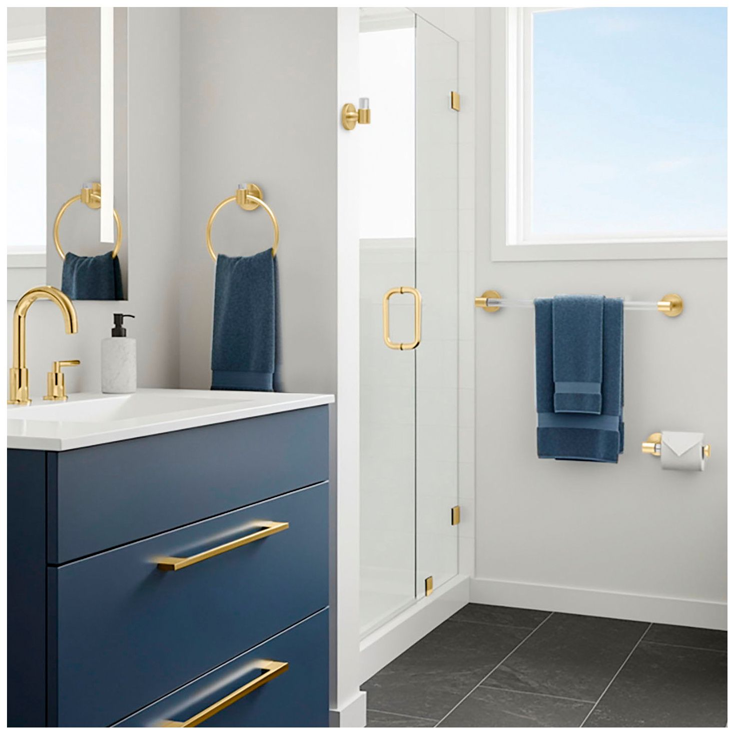 Image 4 Clarion 18" Towel Bar, Crystal-Clear Acrylic Brushed Brass more views