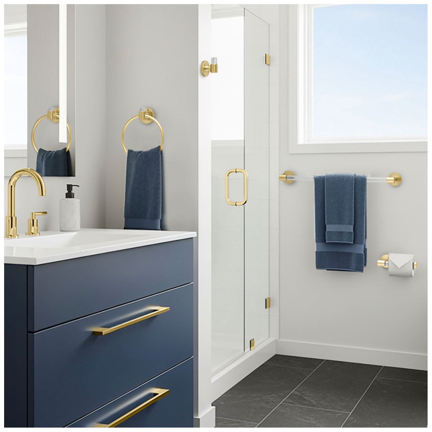 Image 4 Clarion 24" Towel Bar, Crystal-Clear Acrylic/Brushed Brass more views