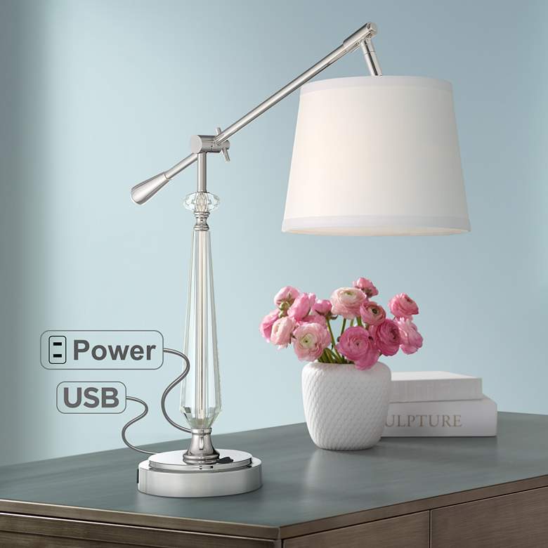 Image 1 Clarita Crystal Boom Arm Desk Lamp with USB Port and Outlet
