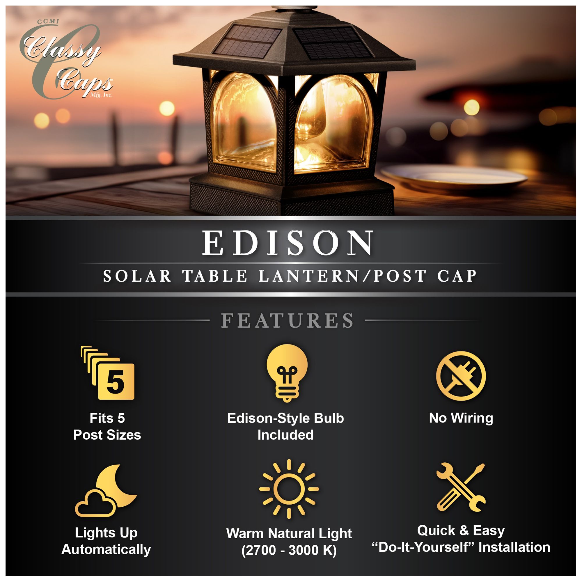 Classy Caps Edison Solar Lantern/Post Cap