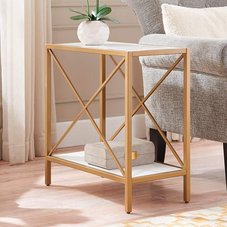 Image 1 Claudette 12 inch Wide White Wood Gold Metal Narrow End Table