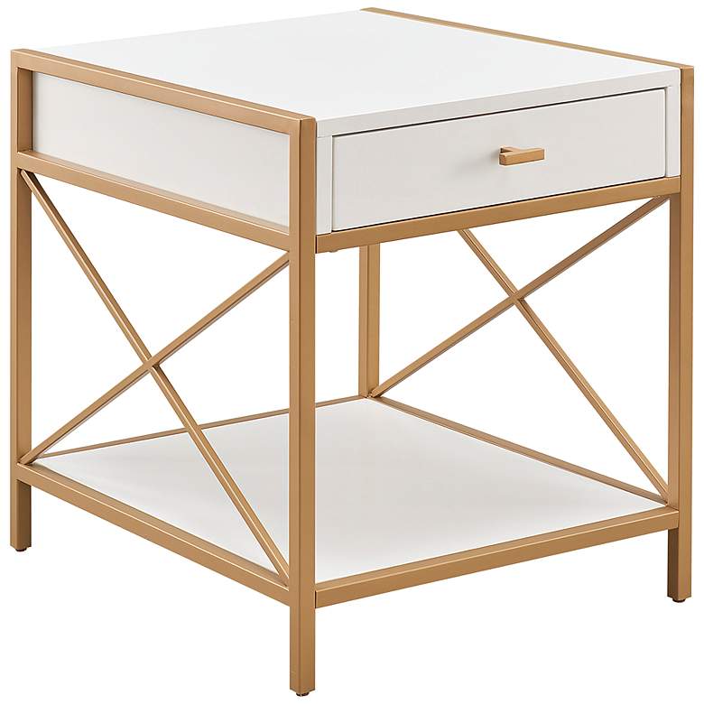 Image 2 Claudette 24" Wide White Wood Gold Metal 1-Drawer End Table