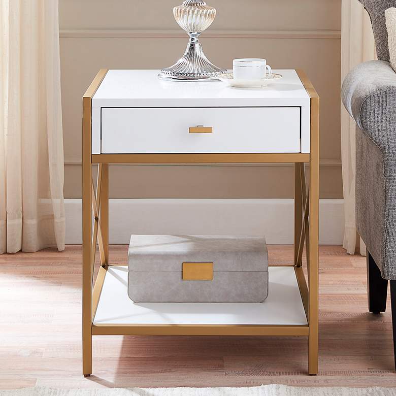Image 1 Claudette 24" Wide White Wood Gold Metal 1-Drawer End Table