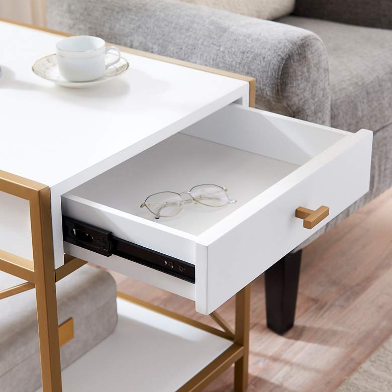 Image 3 Claudette 24" Wide White Wood Gold Metal 1-Drawer End Table more views