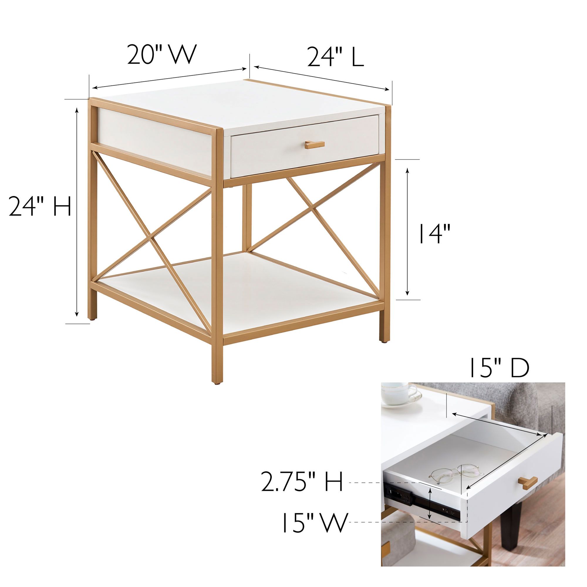 Claudette 24" Wide White Wood Gold Metal 1-Drawer End Table