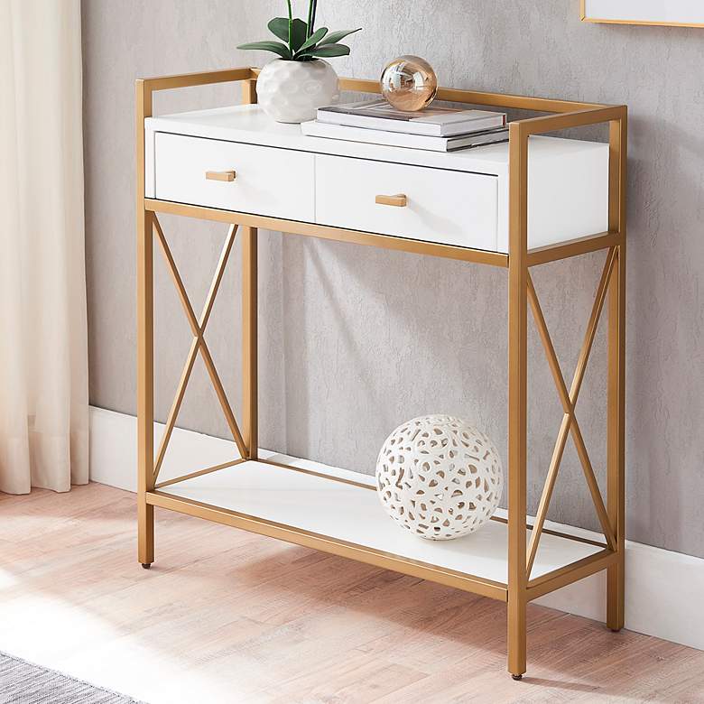 Image 1 Claudette 30" Wide White Wood Gold Metal 2-Drawer Hall Stand