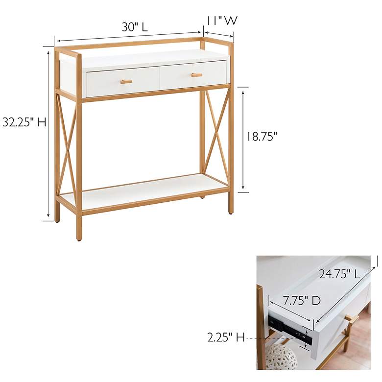 Image 7 Claudette 30 inch Wide White Wood Gold Metal 2-Drawer Hall Stand more views
