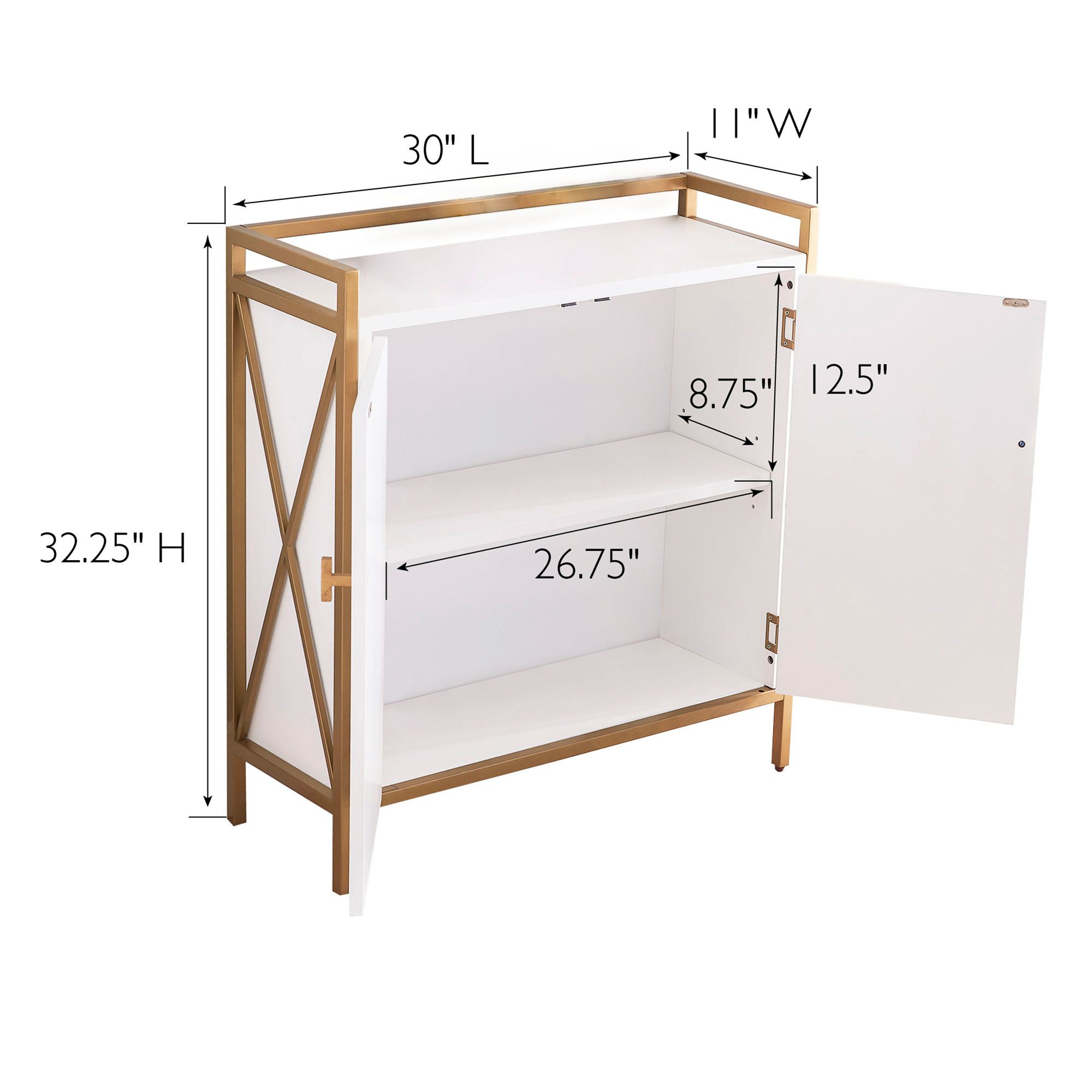 Claudette 30"W White Wood Gold Metal 2-Door Foyer Cabinet
