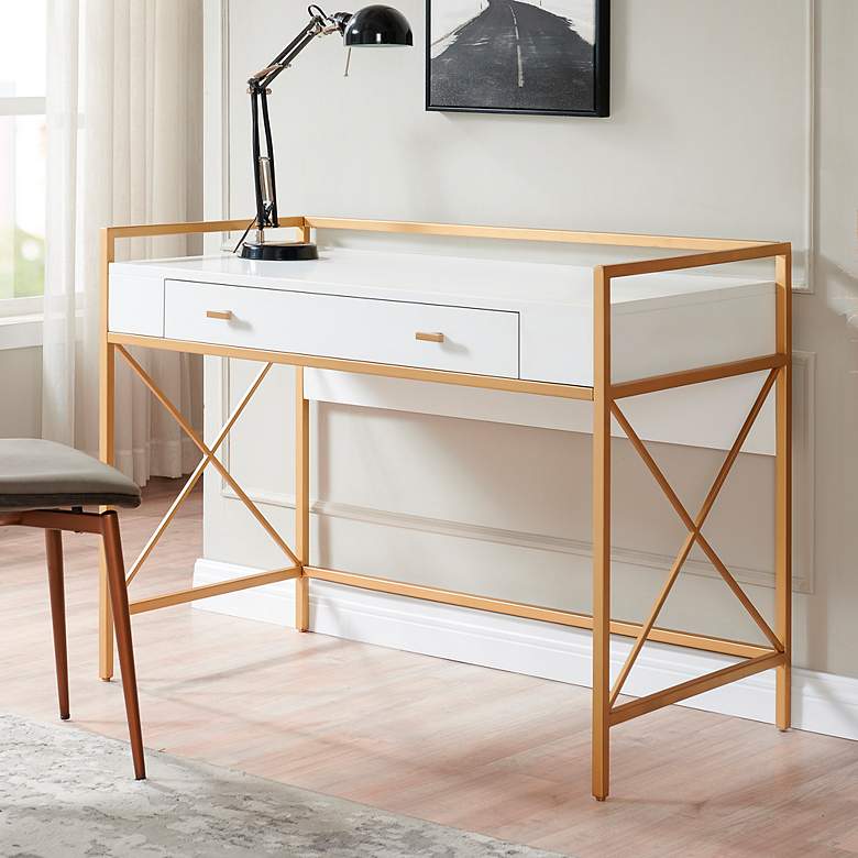 Image 1 Claudette 44"W White Wood Gold Metal Computer Writing Desk