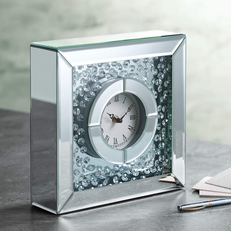 Image 1 Claudyn Glass Mirror Crystal 10 inch High Square Tabletop Clock