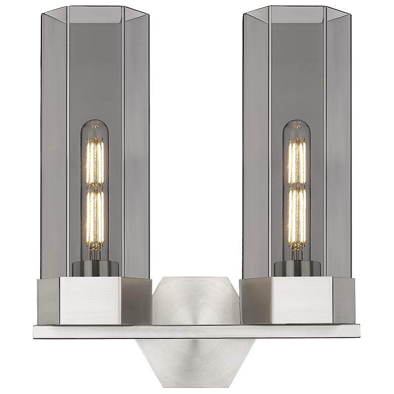 Image 1 Claverack 13.63"W 2 Light Satin Nickel Bath Light With Plated Smoke Sh