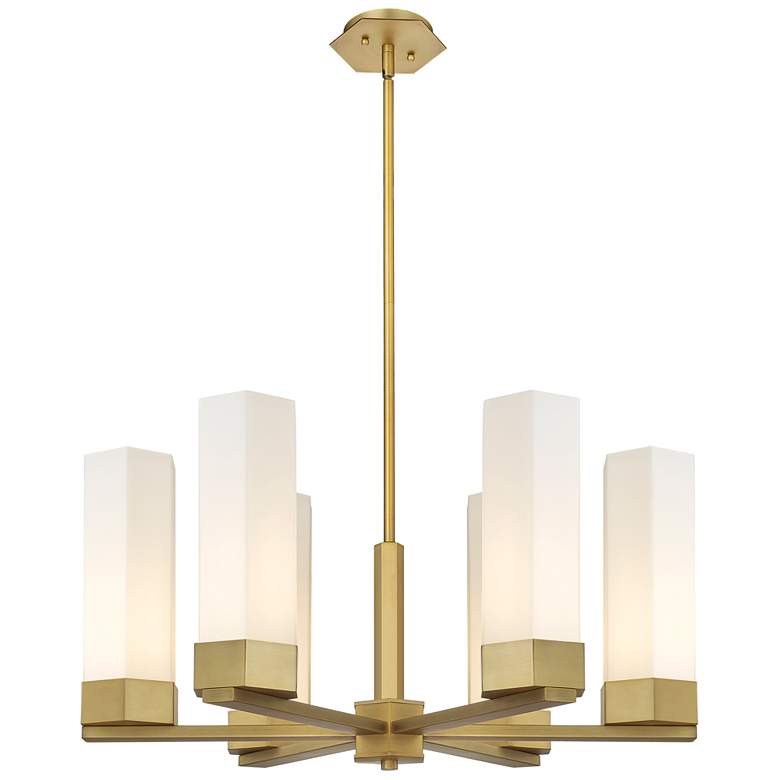 Image 1 Claverack 28.38 inchW 6 Light Brushed Brass Stemmed Chandelier w/ White Sh