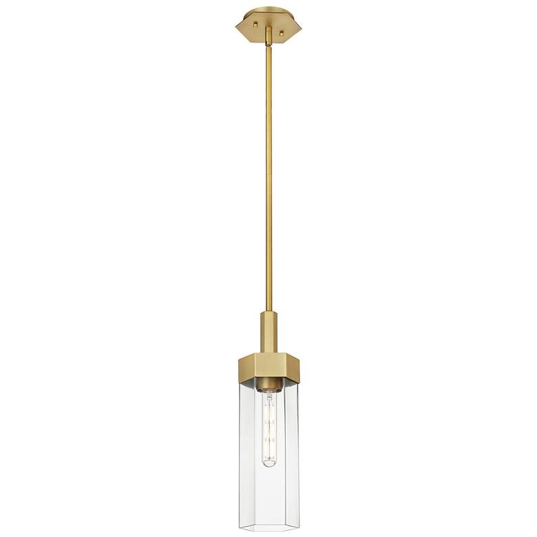 Image 1 Claverack 5 inch Wide Brushed Brass Stem Hung Pendant With Clear Glass Sha