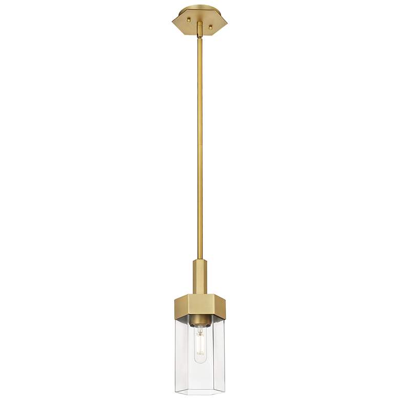 Image 1 Claverack 5 inch Wide Brushed Brass Stem Hung Pendant With Clear Glass Sha