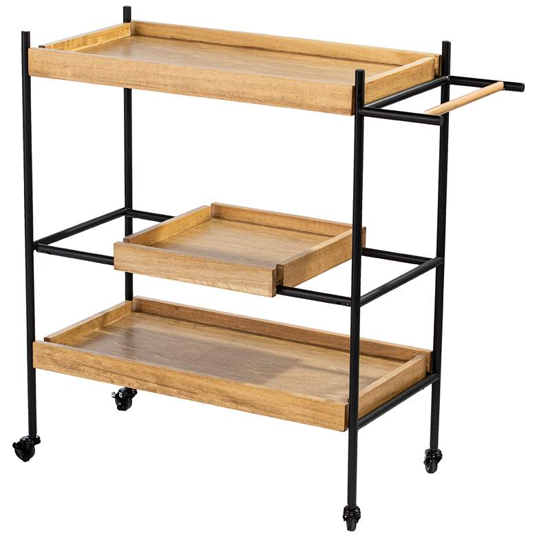 Image 2 Claverdon 32 1/2 inch Wide Natural Wood 2-Shelf Rolling Bar Cart