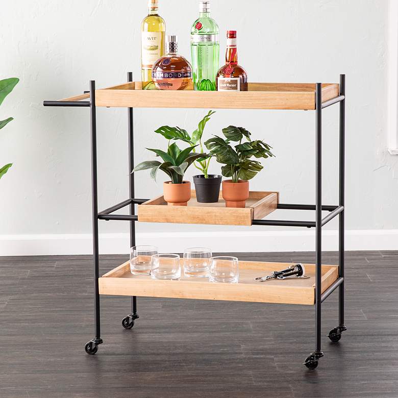 Image 1 Claverdon 32 1/2" Wide Natural Wood 2-Shelf Rolling Bar Cart