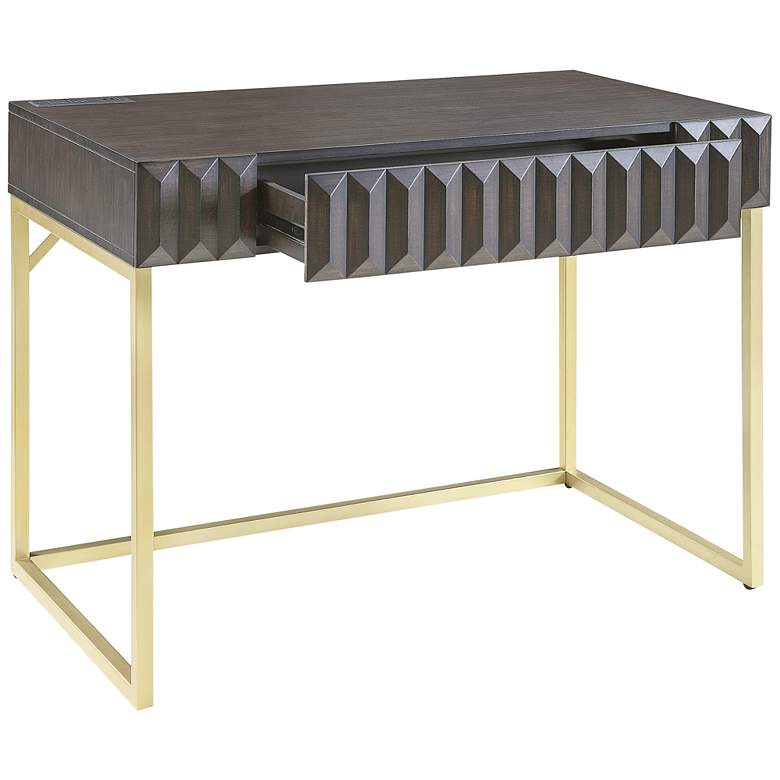 Image 2 Claypool 42"W Walnut Gold Writing Desk with USB Port Outlet