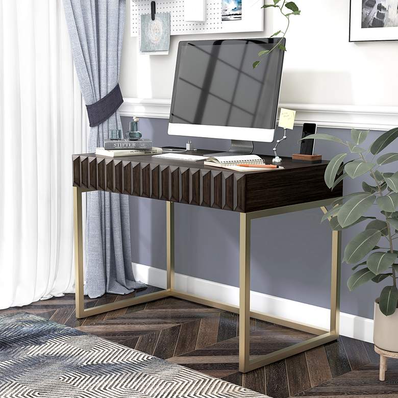 Image 1 Claypool 42 inchW Walnut Gold Writing Desk with USB Port Outlet