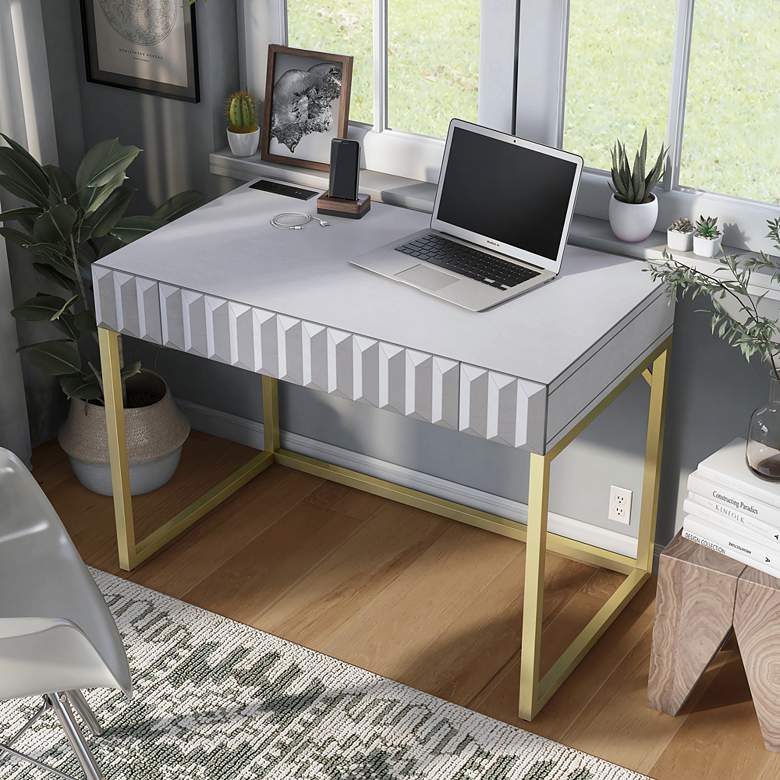 Image 1 Claypool 42 inchW White Gold Writing Desk w/ USB Port and Outlet